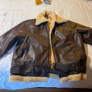 Men’s Brown Aviator Bomber Coat Shearling Fur Sheepskin Leather Flying Jacket